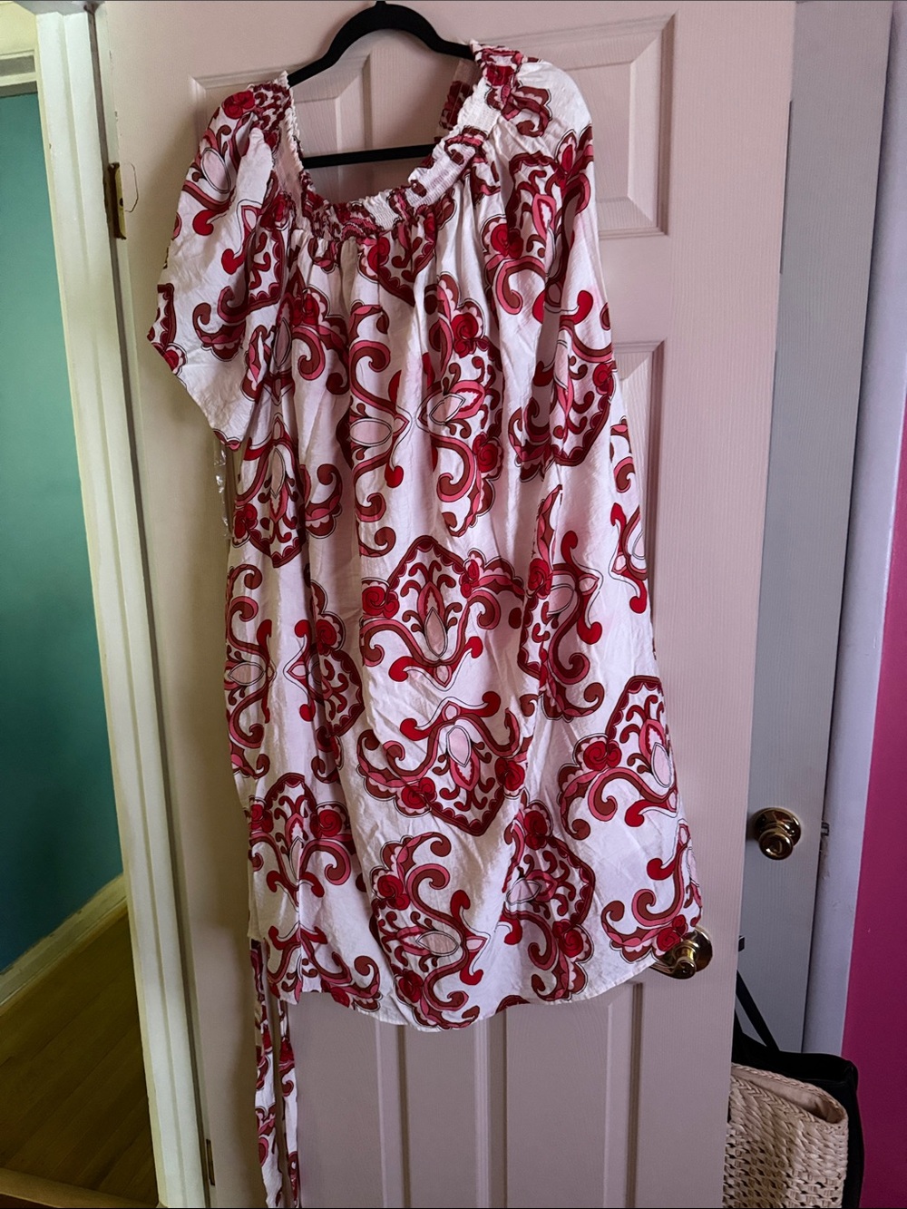 Lane Bryant White Midi Dress with Red and Pink Ornate Print